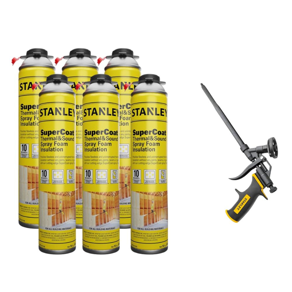 STANLEY Supercoat Spray Foam Insulation Kit - Closed Cell Spray Foam Covers Up to 120 Sq.Ft. - Including Gun, Safety Items - 27.1 oz, 6 Pack