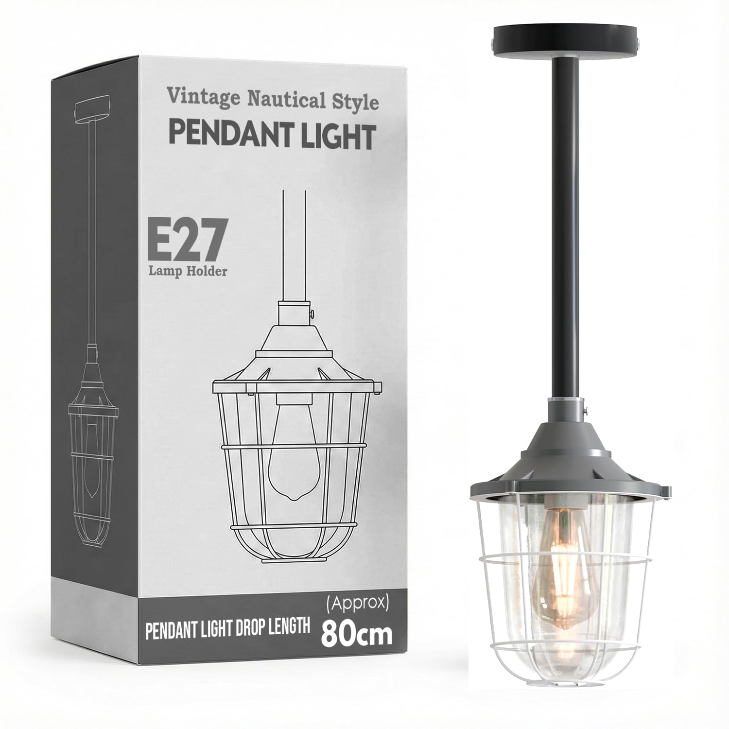 DC VOLTAGE Industrial Suspended Pendant Light Fitting - Modern Conduit Steel 50cm Pipe with Metal Grey Fisherman's Style Cage Indoor Conduit Lighting for Kitchen Island EPC A+