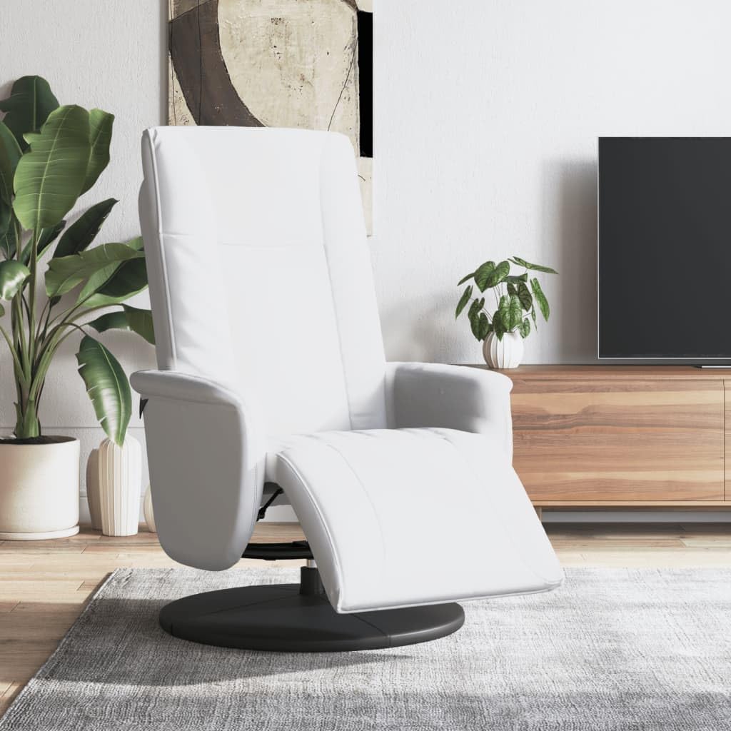 Fotel relaksacyjny z podnóżkiem, biały, sztuczna skóra, regulowany, obrotowy, z funkcją leżenia, ergonomiczny, wygodny, do salonu, biura, kącika do czytania, kominka