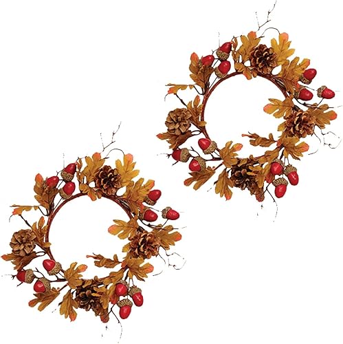 Juego de 2 anillos de vela de cono, bellota y hojas de otoño de 10 pulgadas