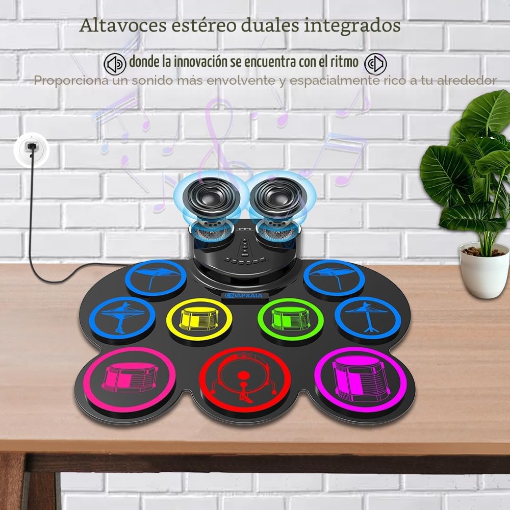 CNAPXAIA Batería Electrónica, 9 Pads Batería Musical Enrollable con Altavoz Incorporado/Bluetooth/MIDI, Set de Bateria Electrica Instrumentos Musicales para Infantil y Principiantes