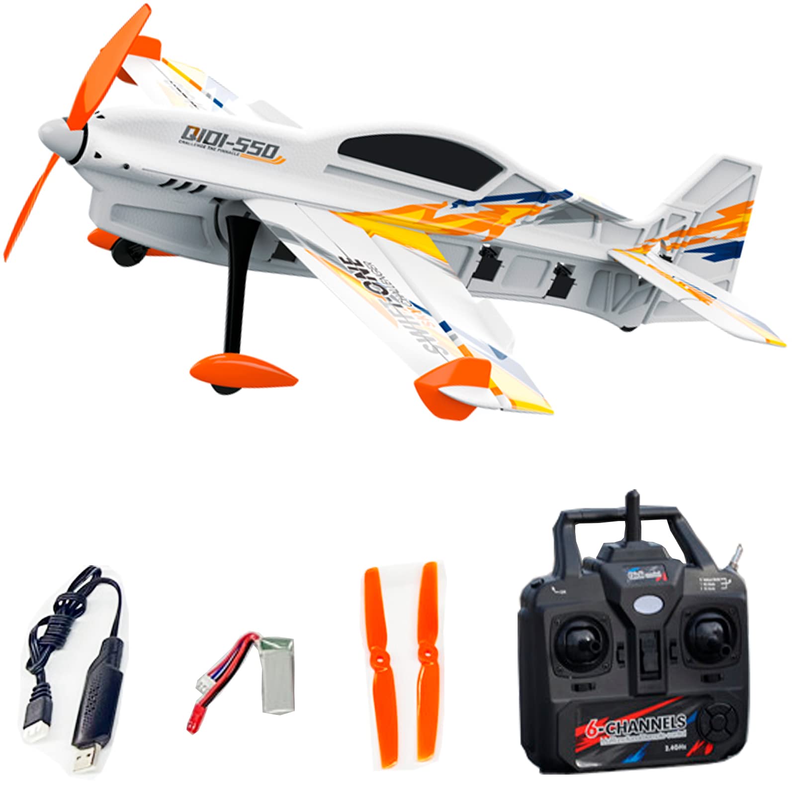FLYCOLORQIDI-550 3D RC Airplane One-Key Hanging Stunt Fixed Wing with Wind Resistant Flight Control for Beginner and Experienced Ready to Fly Yellow