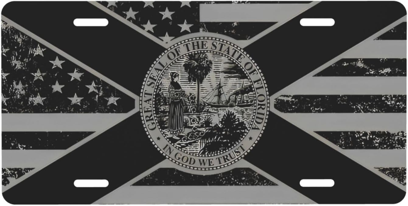 Black Florida State Flag License Plate - Decorative Metal Car Plate Vanity Tag Aluminum Novelty Waterproof Colorfast 12x6 Inch