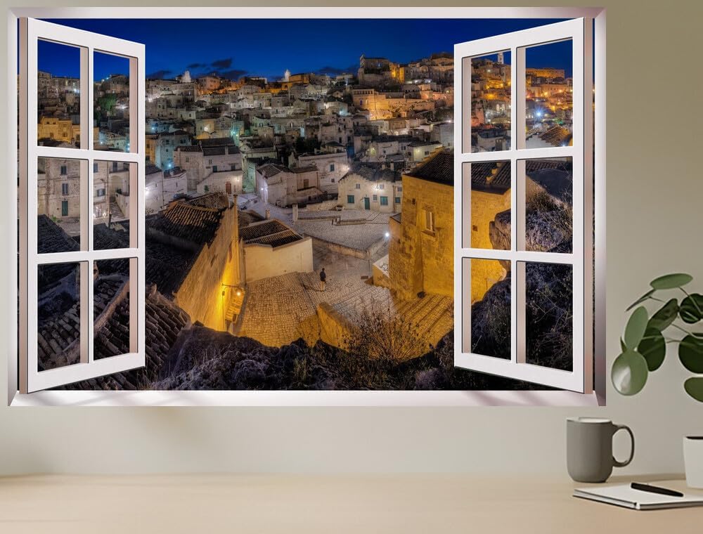 JVERF - JZZC05978 Houses Italy Matera Sasso Caveoso Night| Self-Adhesive Open Window Wall Sticker