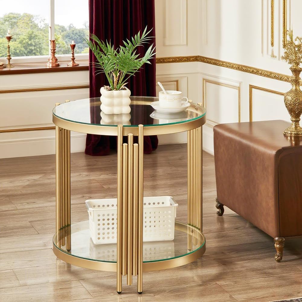 Round Side Table, 2-Tier Luxury Gold End Table, Clear Tempered Glass Side Tables for Living Room, Modern Aesthetic Coffee Table, Small End Tables for Sofa Bedroom Patio Balcony (Gold, End Table)