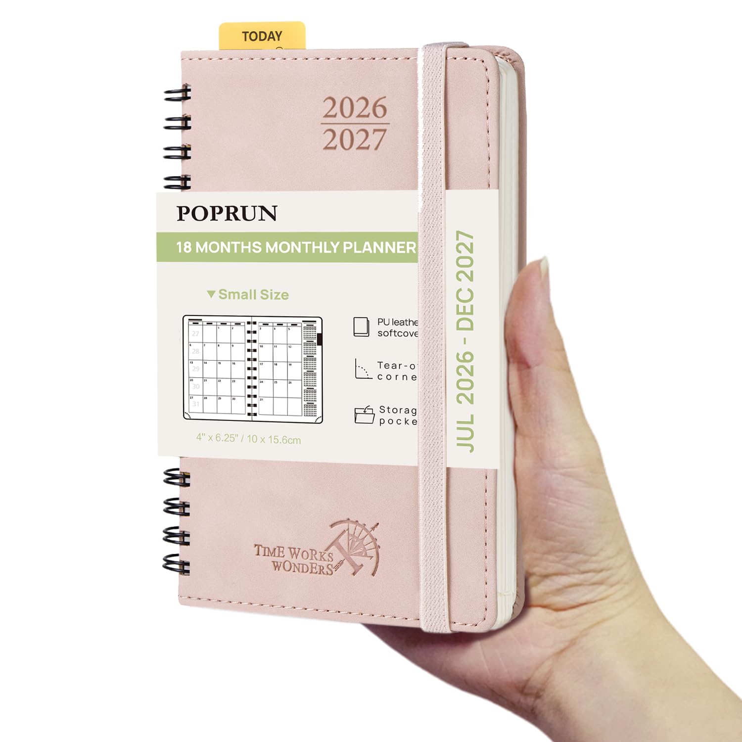 POPRUN 18 Month Planner (Jul'26 - Dec'27) 2026-2027 A6 (16x10.5cm) Pocket Month to View only Spiral Soft Cover 26/27 Monthly Planner,Sunday Start(Pink) — image 1