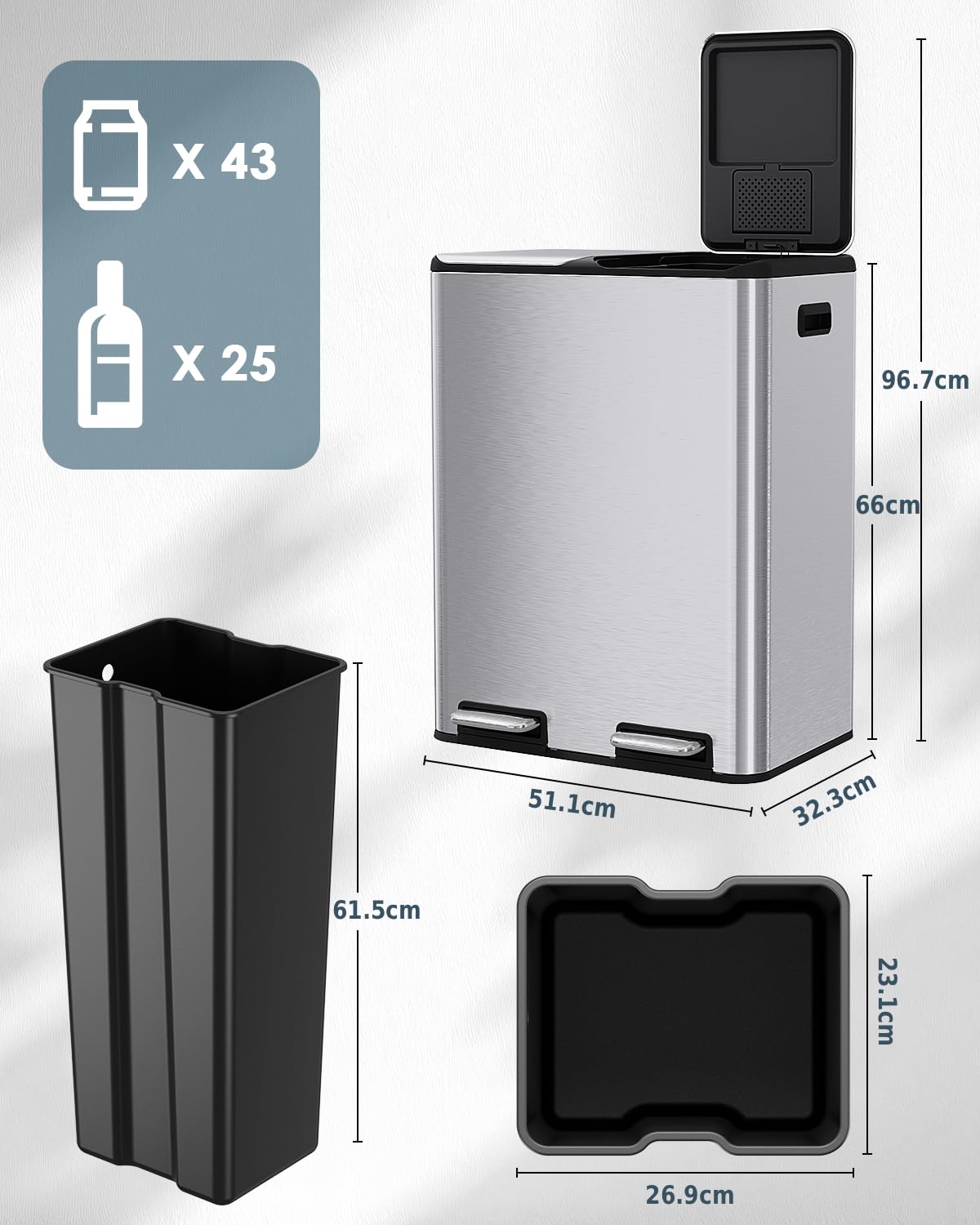 LIFERUN Poubelle à 2 compartiments, 2 x 30 l, à pédale, avec filtre anti-odeur, couvercle silencieux, seau intérieur en plastique, système de tri des déchets, double poubelle en métal, pour cuisine