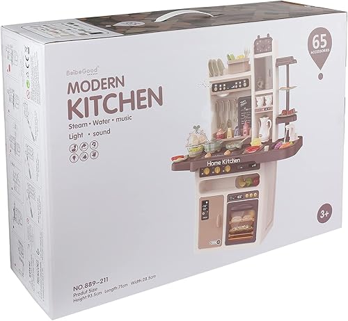 Miniatura 8 de Juego de cocina grande para niños, juego de cocina con sonidos reales de cocina y hervir agua, simulación de rociador y fregadero, juego de