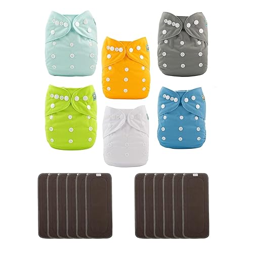 Miniatura 30 de ALVABABY Pañal de tela para bebé, paquete de 6 con 12 insertos, fundas de pañal de tela de tamaño único, ajustables, lavables, reutilizables, para