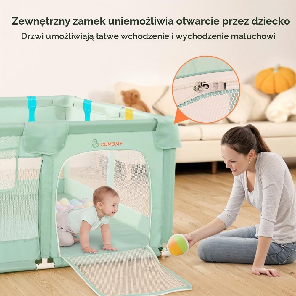 COMOMY Kojec dla niemowląt, 127x127 cm, kojec bezpieczny dla dzieci z miękką siatką, antypoślizgowym dnem z tkaniny Oxford (zielony)