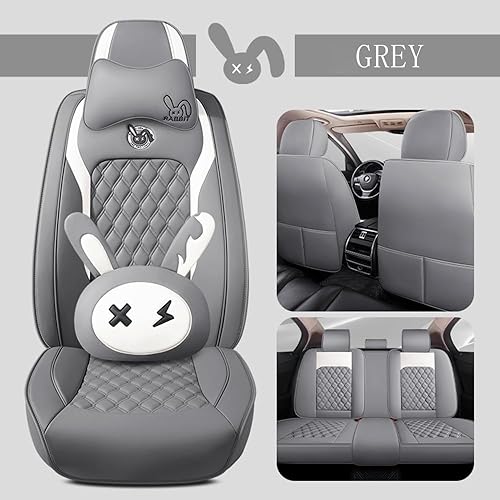 Miniatura 8 de Juego de 5 fundas de asiento de conejito con piel sintética impermeable para autos, SUV, camionetas, ajuste universal (beige)