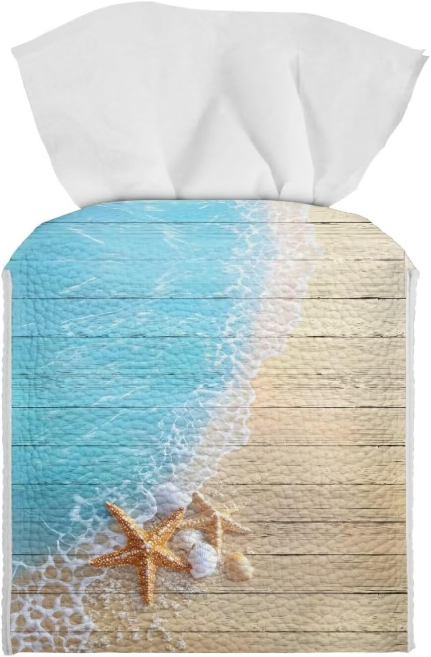 Beach Starfish Tissue Box Cover Square Foldable Napkin Facial Tissue Holder Tissue Box Holder with Bottom Belt Facial Paper Organizer Home Car Decor