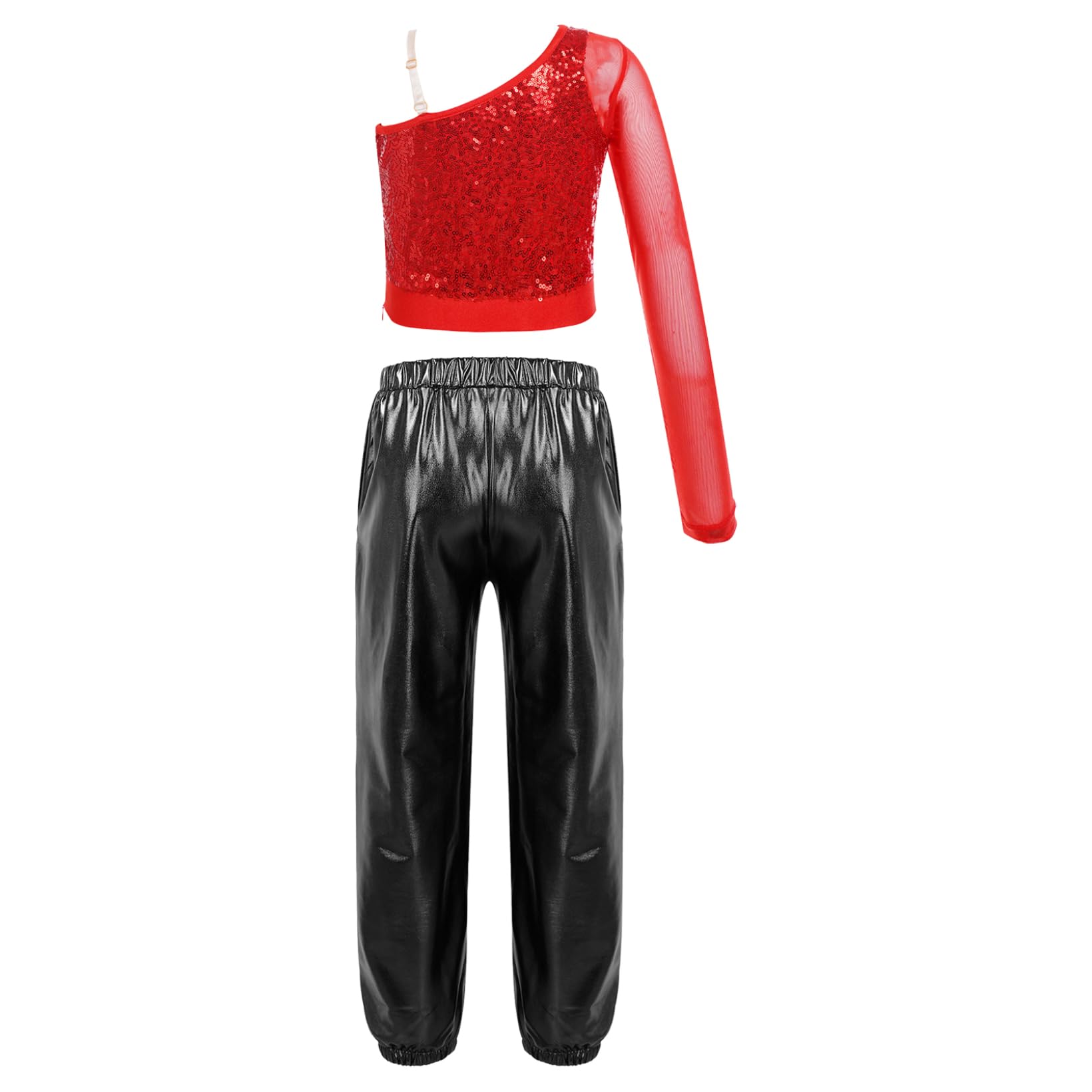 JanJean Kids Girls 2Pcs Dance Tracksuit Shiny Metallic Crop Top with Athletic Sweatpants Jazz Hip Hop Jazz Dance Costume Red&Black B 8 Years