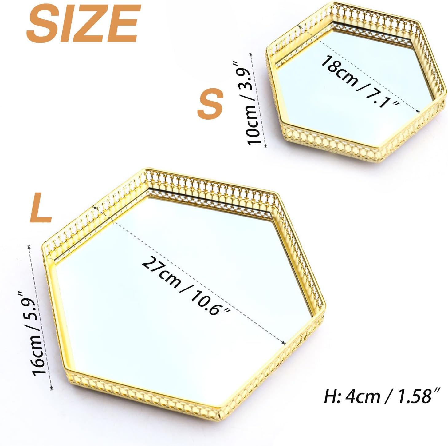 Gold Perfume Tray, Shatter‑Proof Acrylic Mirror Hexagonal Perfume Tray, Hollow‑Out Metal Vanity Display Tray for Dresser Bathroom Bedroom (S‑Hexagon)