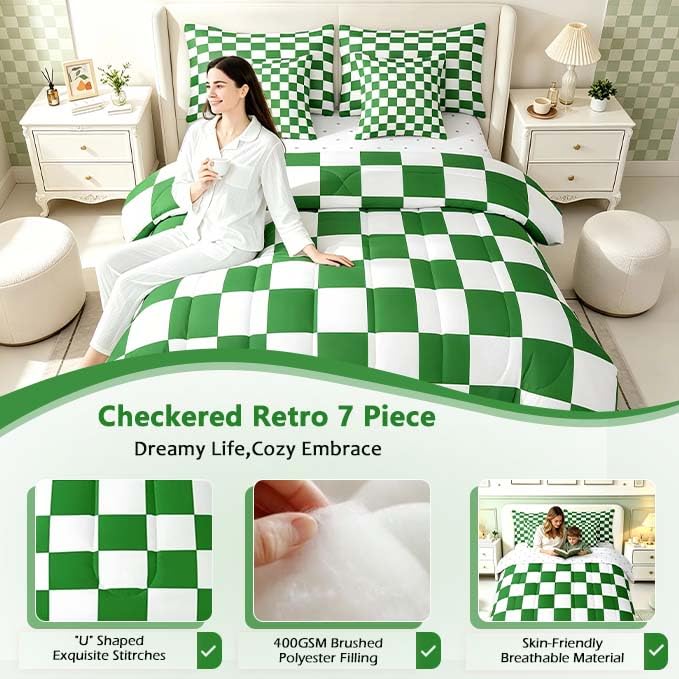 Image of Feelyou Checkered Retro 7 Piece Bedding Set Teen Women Men Green White Plaid Comforter Set with Sheets Twin Size Kids Boys Geometric Vintage Bed in a Bag Modern Simple Groovy Aesthetic Room Decor