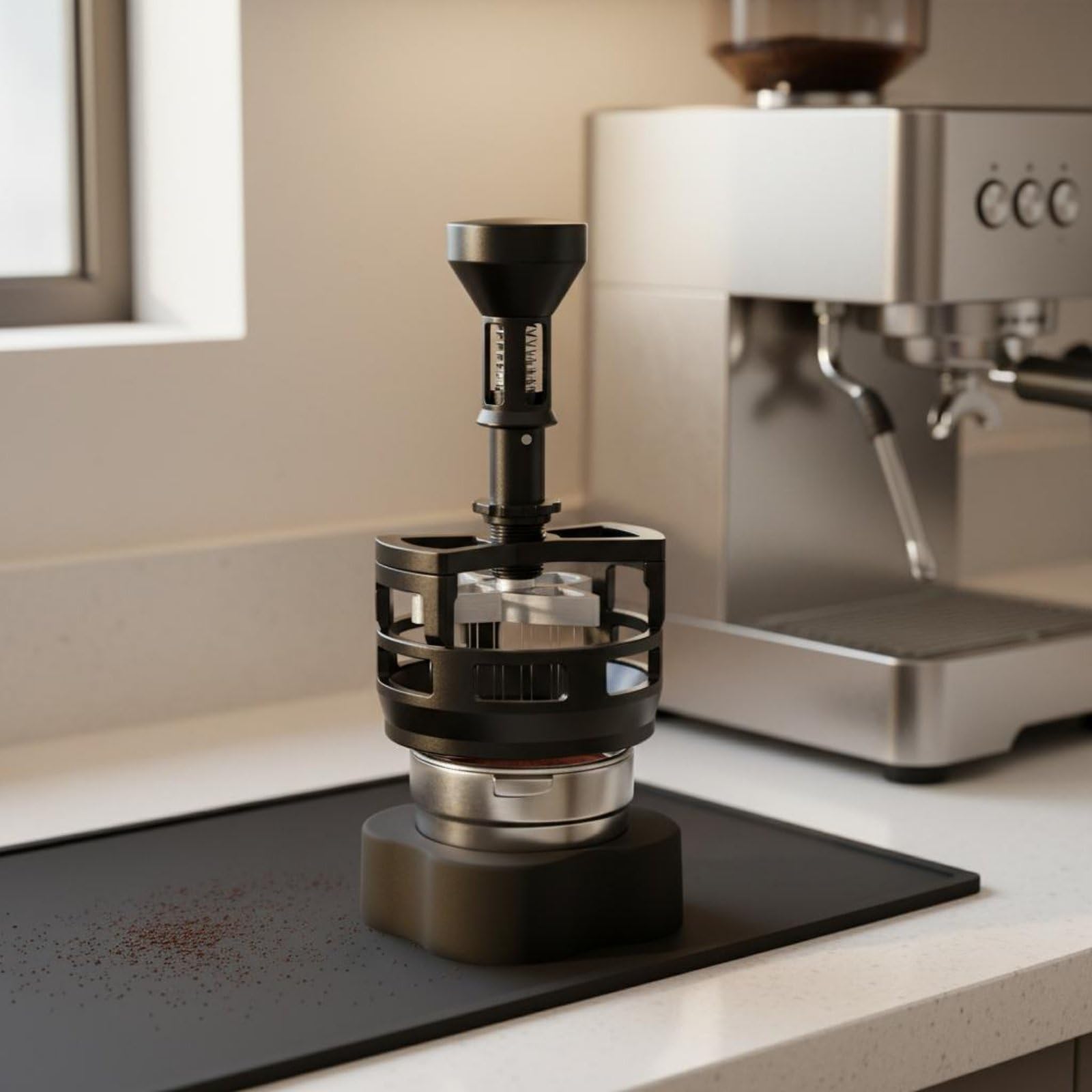 Coffee Distributor Dosatore Espresso Strumento Regolabile con Struttura in Alluminio Base Antiscivolo Adatto per Caffetteria, Nero, 51mm