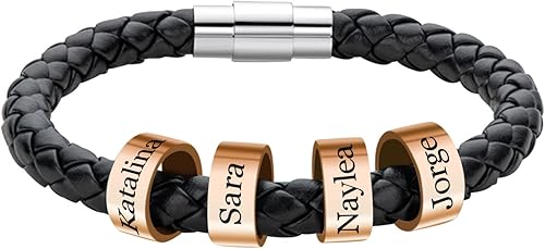 Miniatura 4 de Pulseras de cuero para hombre con 1-6 cuentas grabadas y nombre personalizado con nombre de identificación, pulsera trenzada para hombres, marido