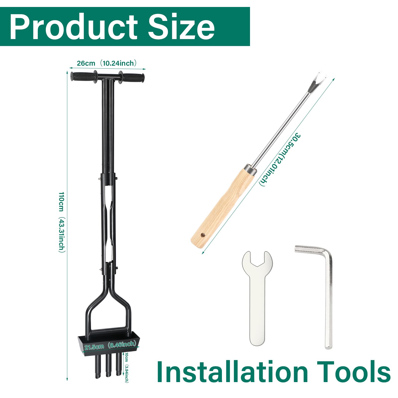 Aireador Cesped, 110cm Aireador Cesped Escarificador Cesped Manual, Aireador de Césped de Jardinería, Escarificador Cesped Manual para airear césped, Suelos con 3 Clavos de Acero Macizo de 10CM