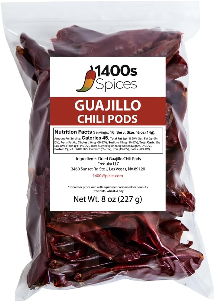 8oz Guajillo Stemless Chile, Whole Dried Red Chile Mexican Peppers, Chiles Descolados, Versatile Mexican Ingredients for Mexican Salsa, Dried Mexico Chiles for Tasty Cooking Recipes by 1400s Spices