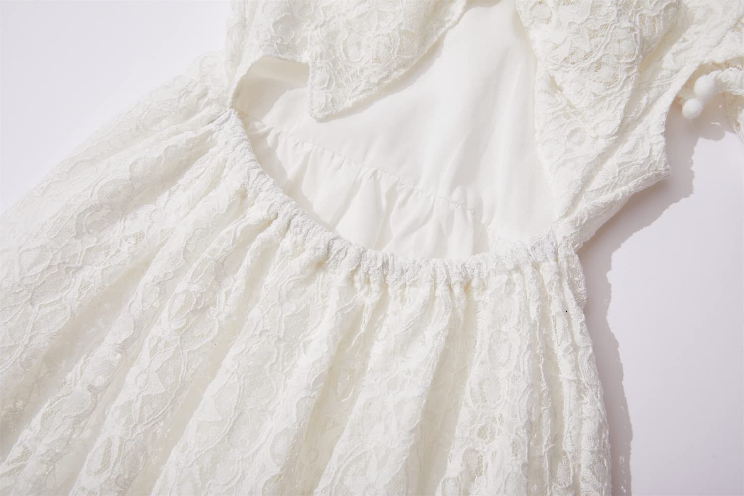 Ragazza abito da festa bendaggio indietro bambino vestito bambino in pizzo schiena scoperta fiocco pompon svolazzanti maniche abiti da principessa