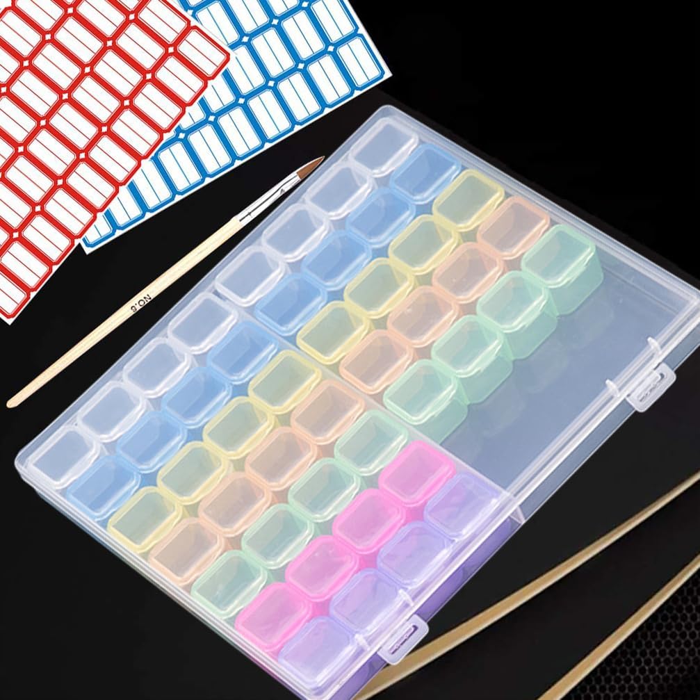 ASVNRES Rhinestone Gold Nail Box, 56 Slots Empty Clear Adjustable Storage Box with 80 pcs Label Stickers Container Manicure Case Tool Set (Clear)