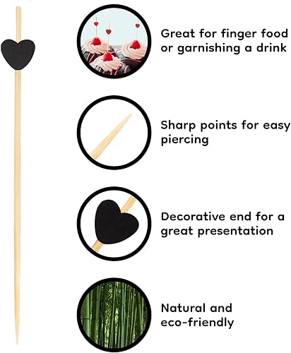 Miniatura 4 de BambooMN Pinchos decorativos de bambú con corazón negro de 47 pulgadas para cócteles de frutas para eventos de catering vacaciones restaurantes o