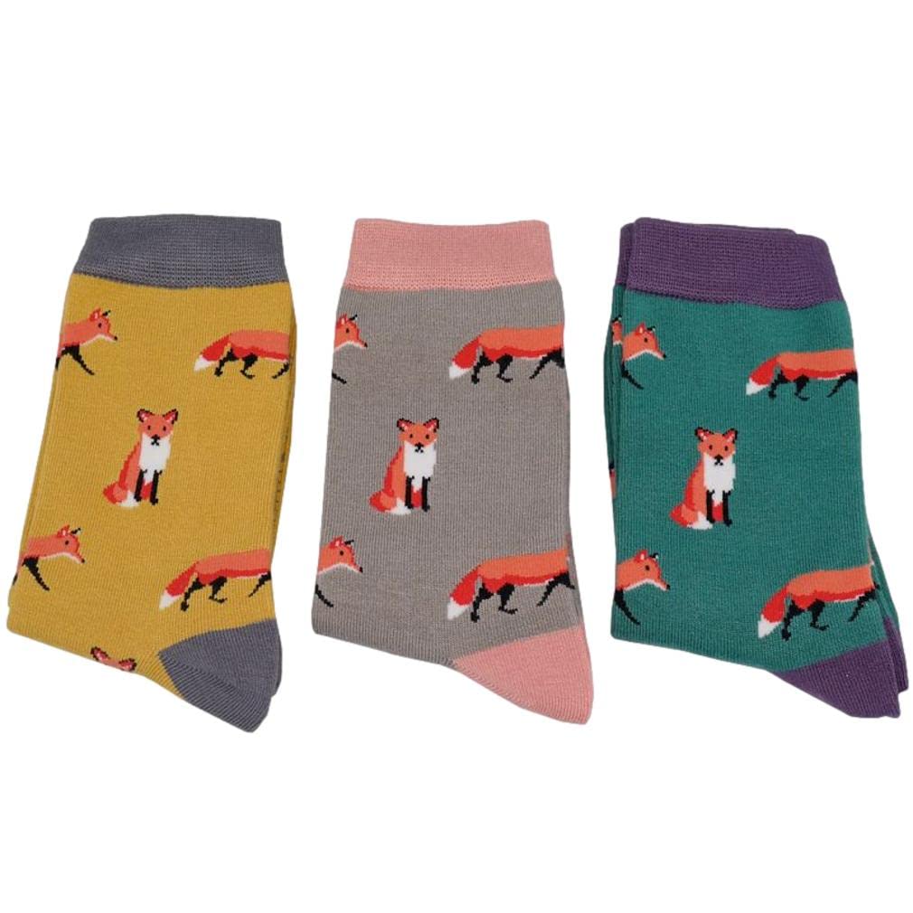 Purple Possum® Fox Socks Gift Box 3 Pair Pack Ladies Foxes Yellow Grey Green Bamboo Cotton Cute