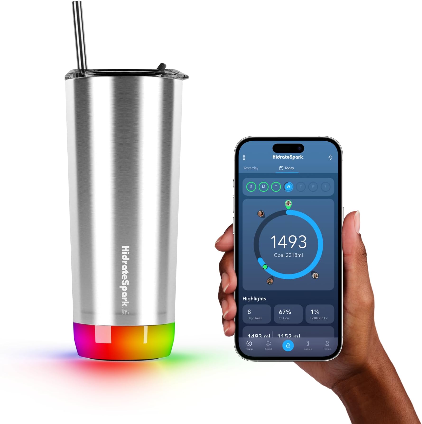 HidrateSpark PRO 20oz Insulated Stainless Steel Bluetooth Smart Tumbler, Brushed Stainless Steel
