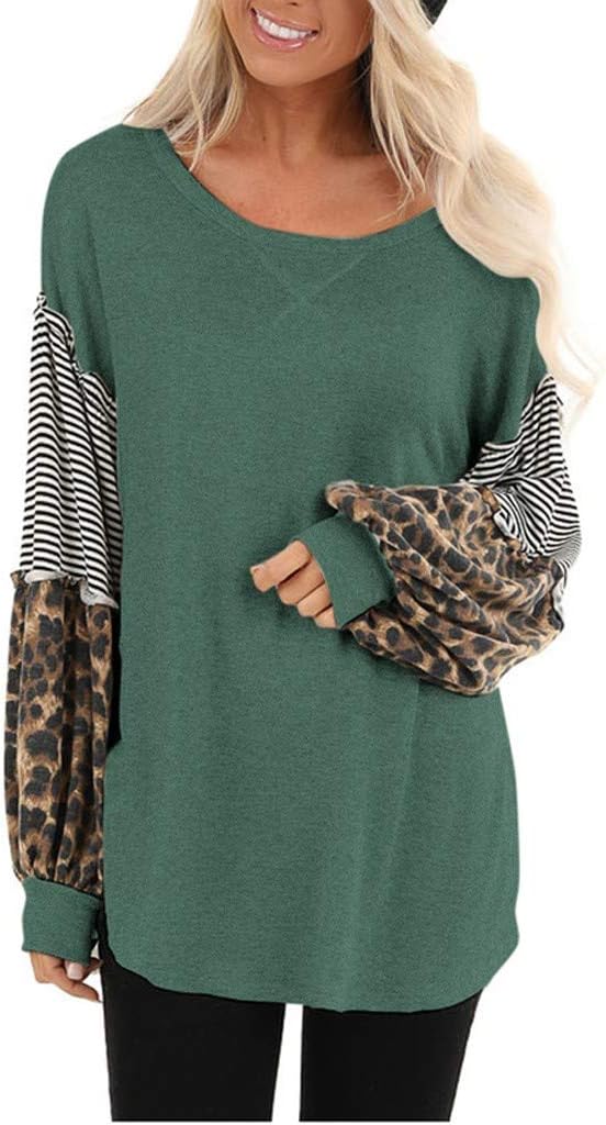 Womens Color Block Leopard Round Neck Raglan Long Sleeve Casual Striped Loose Tunic Shirts Tops Pullover Sweatshirt Green