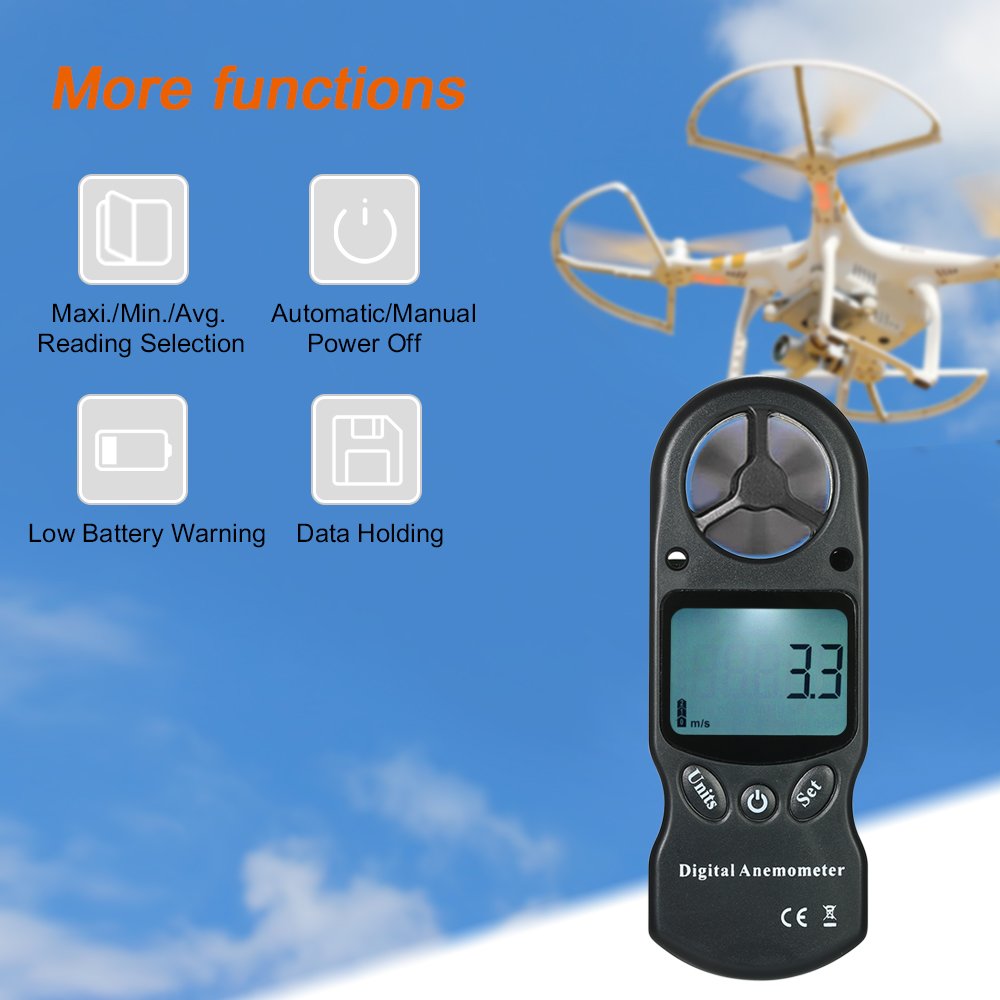 Irfora Anémomètre numérique portable 8 en 1 - Vitesse du vent/température/humidité/vent chill/indice de chaleur/point de rosée/pression atmosphérique/altitude avec éclairage LCD de fond - Noir