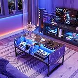 Bestier Black Coffee Table for Living Room with Led Lights, Storage Center Table with Glass top for