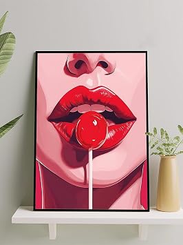 Postermanya Woman Lip Pop, Womens Lip Lollipop Pop Art Framed Painting - Framed Poster, Artistic Decoration