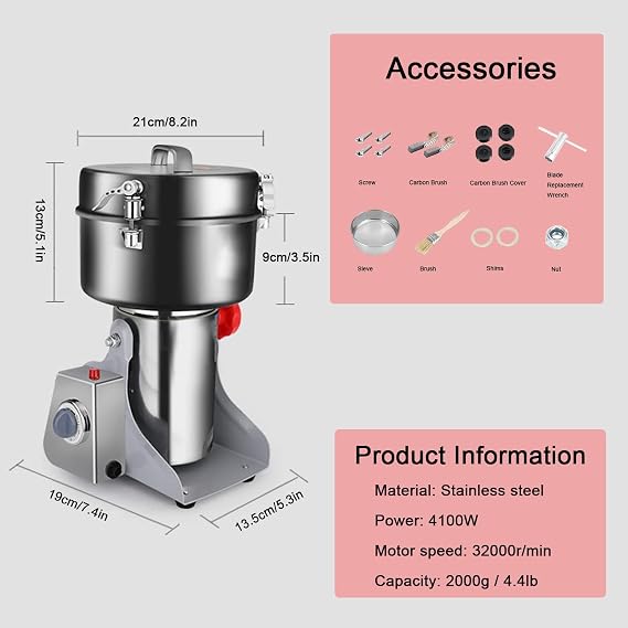 High-speed Electric Grain Mill Grinder, 2000g Stainless Steel Dry Spice Grinder, Commercial Pulverizer for Wheat Corn Rice Pepper Herbs Coffee Beans Dried Mushrooms, 220V