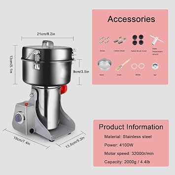 High-speed Electric Grain Mill Grinder, 2000g Stainless Steel Dry Spice Grinder, Commercial Pulverizer for Wheat Corn Rice Pepper Herbs Coffee Beans Dried Mushrooms, 220V