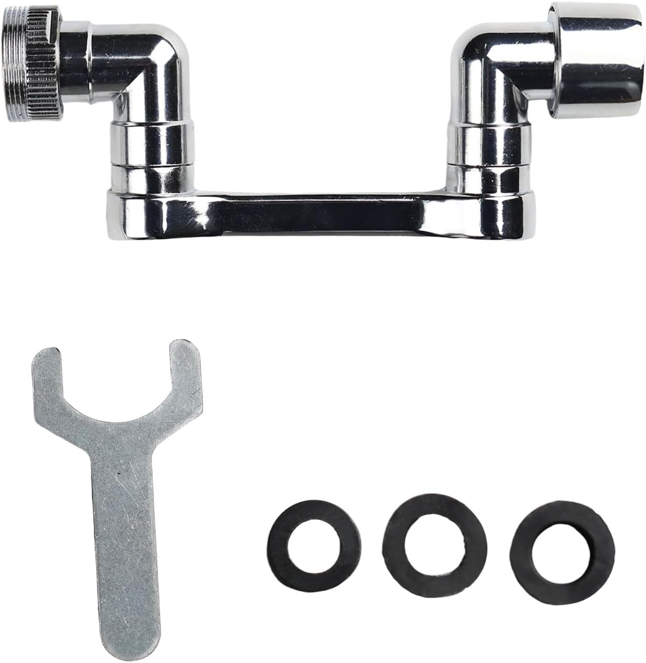 Rotating faucet adapter, splash proof extension device, chrome plated splash proof extension device, with 360 degree adjustable sink accessory