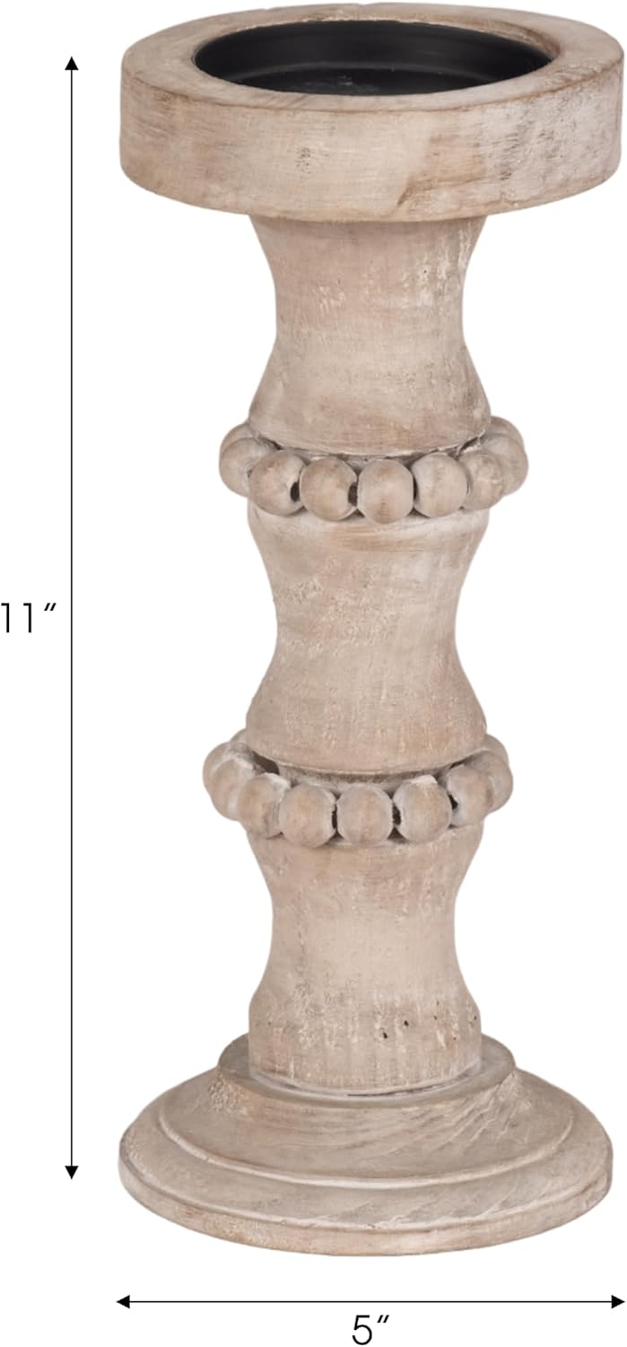 Decorative Wooden Pillar Candle Holder with Bead Banded Accent - Stylish Antique Style Candlestick Holder for Table Centerpiece or Entryway Decor - Home Decor Accent for Living Room - 11" Ivory & Tan