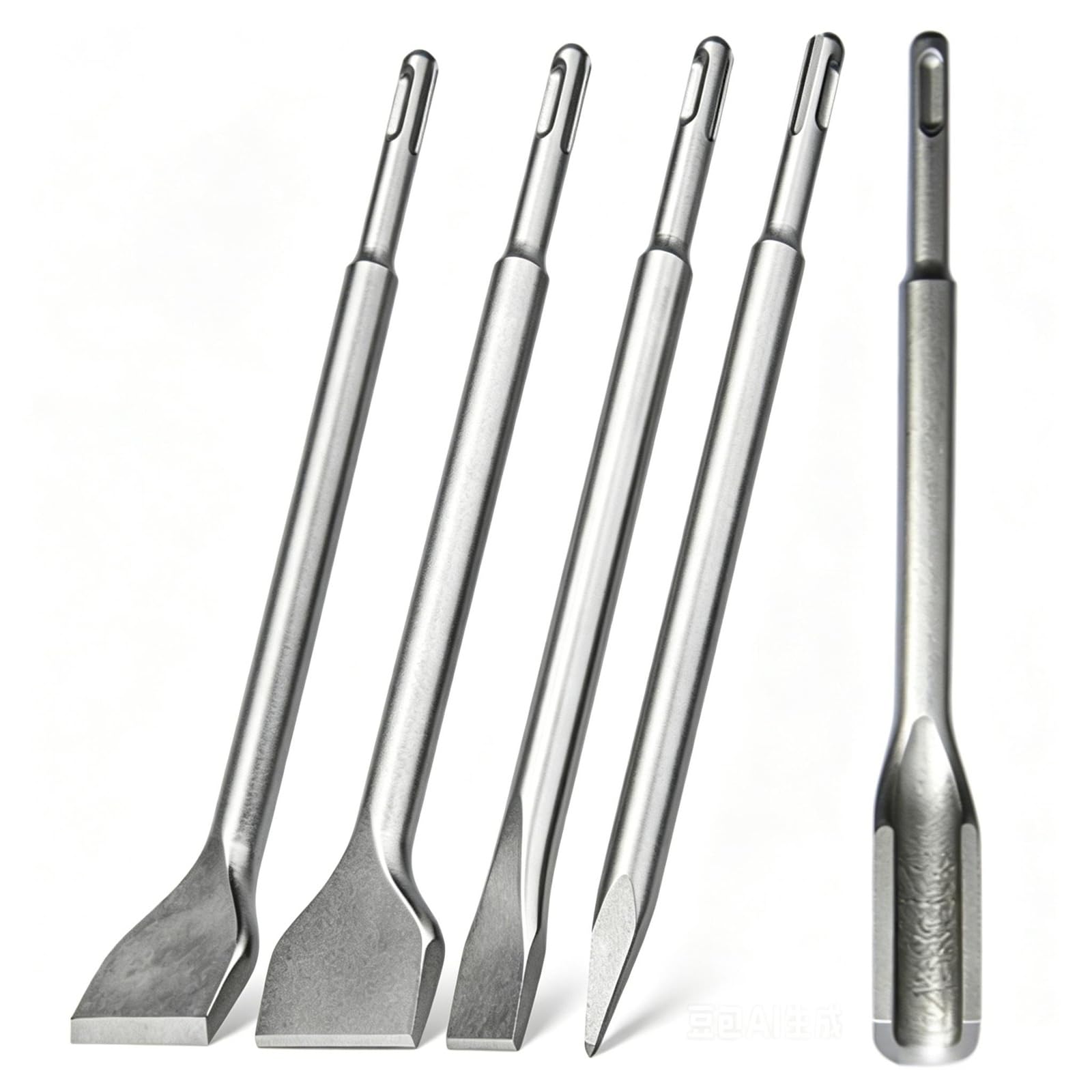 SDS-plus Chisel Set, 5 Pieces, 250 mm, Resistant and Hardened | 2 Flat Chisels, 1 Tile Chisel, 1 U Chisel, 1 Pointed Chisel for Concrete, Masonry, Brick and Asphalt