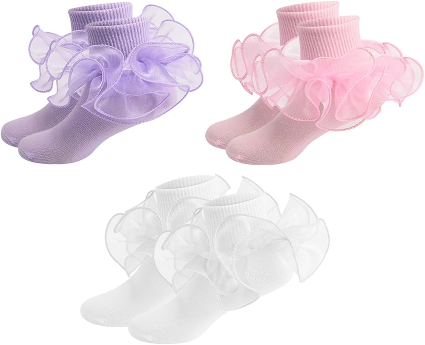3 Pairs Girls Ruffle Socks Toddler Double Lace Turn Cuff Socks for Little Baby Big Girl and Kids
