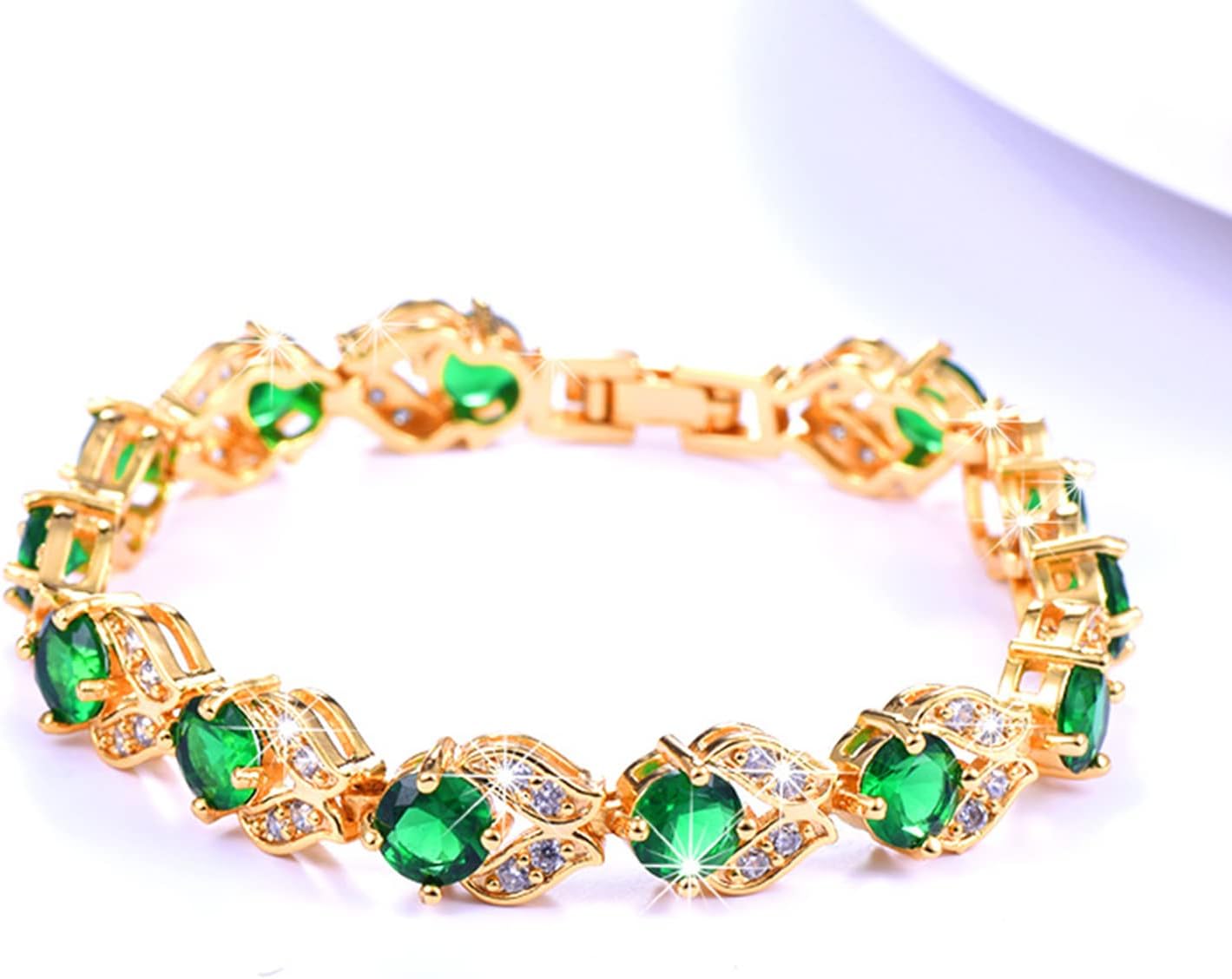 U7 Green Emerald/Blue/Red/Colorful Tennis Bracelets, 18K Gold Plated Platinum Link Chain Diamond Cut Simulated Gem Crystal Bracelet,Resizable Length 6-8 Inches,Wedding Mothers Day Gift for Women - Image 4