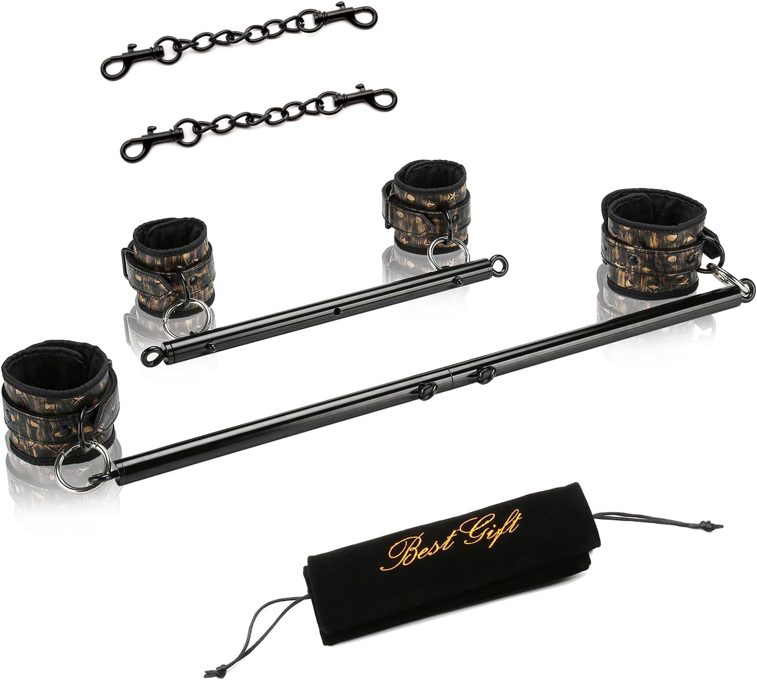 2 Black Spreader Bar Set Heavy Duty Expandable Home Gym with 4pcs Black Gold Adjustable Strap, Sports Training Fitness Gear Pilates Kit, Yoga Set