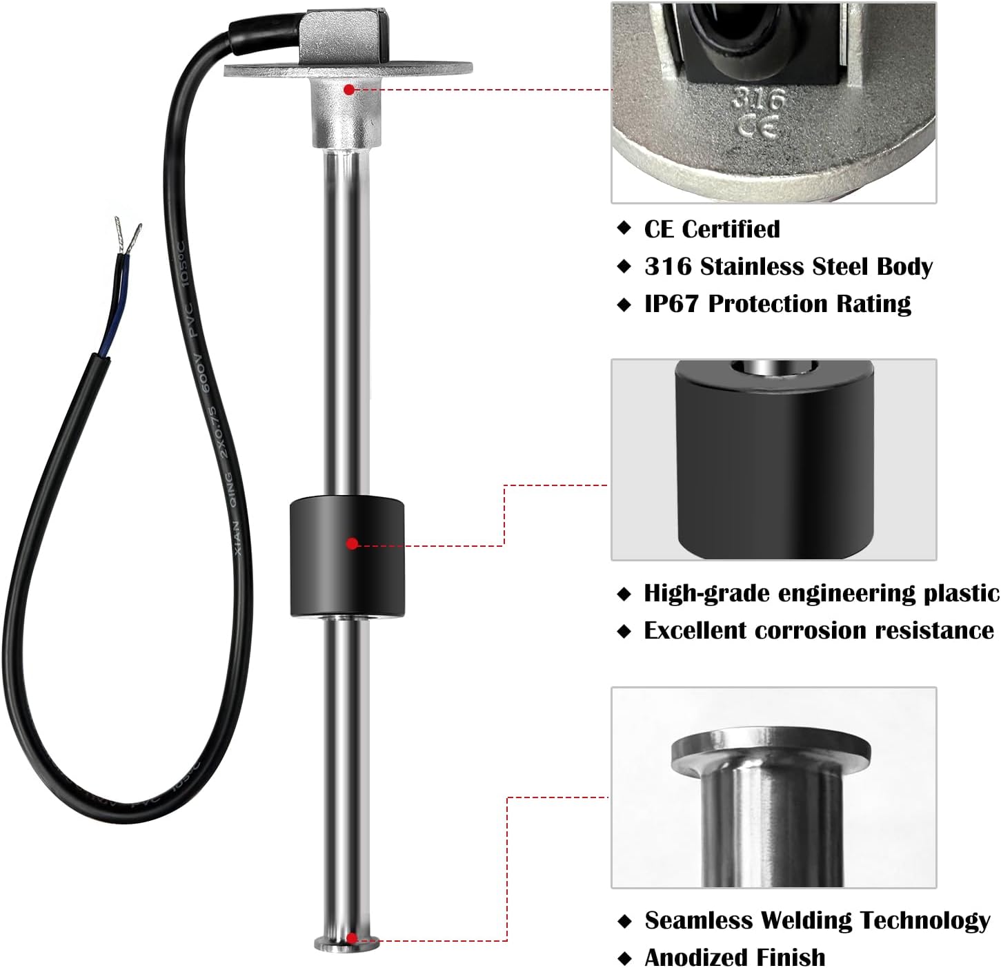 10" Fuel Tank Sending Unit 316 Stainless Steel 240-33 ohms Boat 10 inch Tank Level Sensor 250mm Water Level Sender Unit for Truck RV Car Universal Standard 5-Hole Mounting