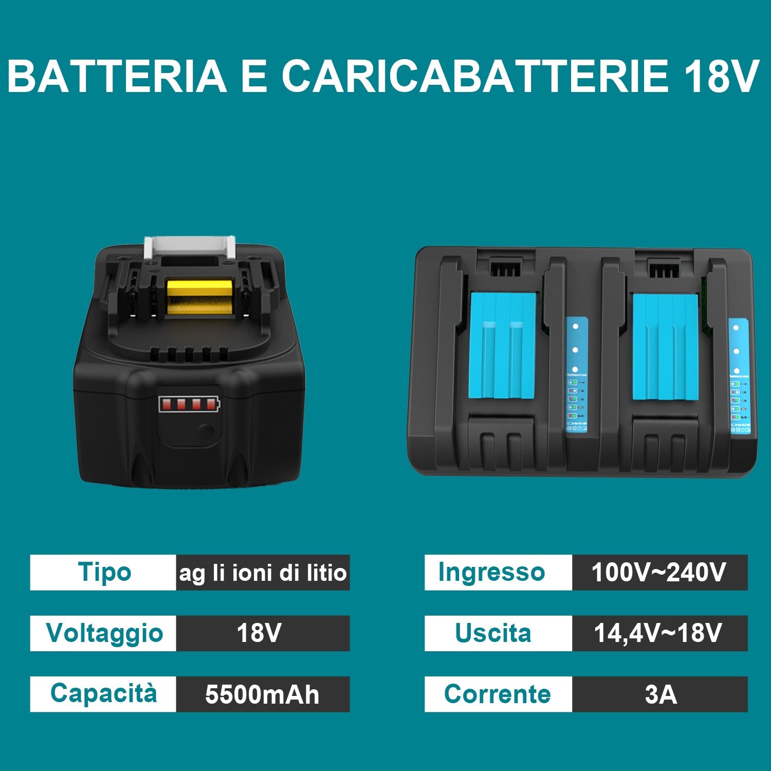 2X 18V 5,5Ah Batteria con Caricabatterie per Makita Batteria BL1860 BL1860B BL1850 BL1850B BL1830 BL1840 LXT400 DC18RC DC18RD