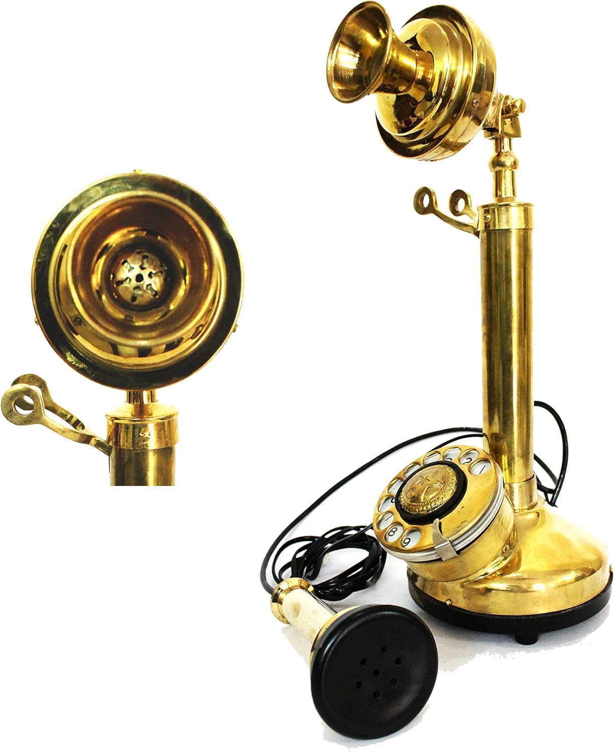 Brass Candlestick Rotary Dial Telephone - Vintage Old Style Phone with Antique Finish, Electronic Corded Replica