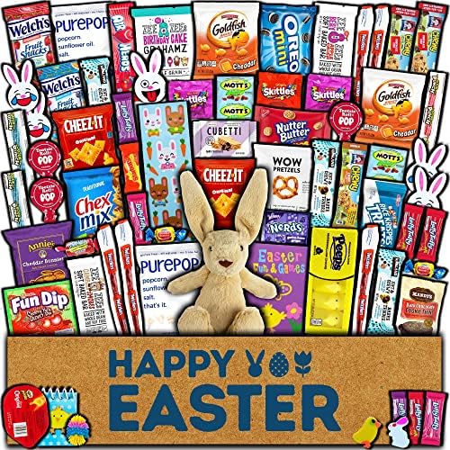 Easter Care Package (65ct) - Candy Snacks Treats Plush Bunny Chocolate Cookies Gift Box Bundle Basket Fillers Stuffers Present Kids Adults Boys Girls College Student Child Grandchildren Toddlers