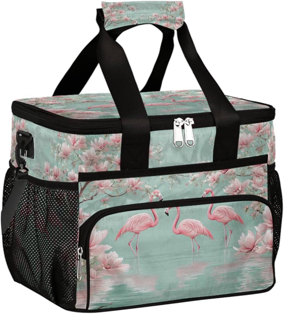 Large Lunch Box for Women Men Insulated Thermal Lunch Tote Bag Spring Pink Floral Flamingos Reusable Cooler Bag Portable Adult Lunchbox Container with Adjustable Strap for Work Picnic