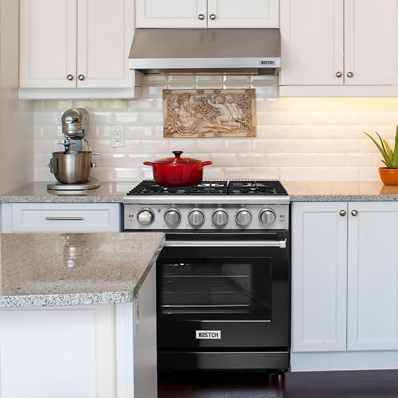 KOSTCH 30-inch Professional Freestanding Pro-Style Natural Gas Range or Liquid Propane Gas Range with 5 Burners, 4.55 cu.ft. Oven Capacity, in Stainless Steel - KOS-30RG03M (Black)