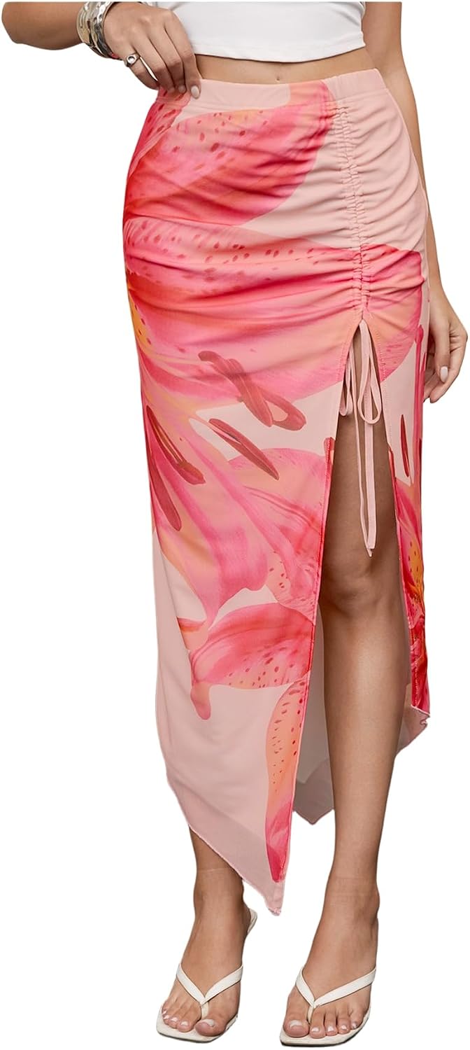 SHENHE Women's High Slit Skirt Asymmetrical Mesh High Waisted Ruched Summer Long Skirts for Women