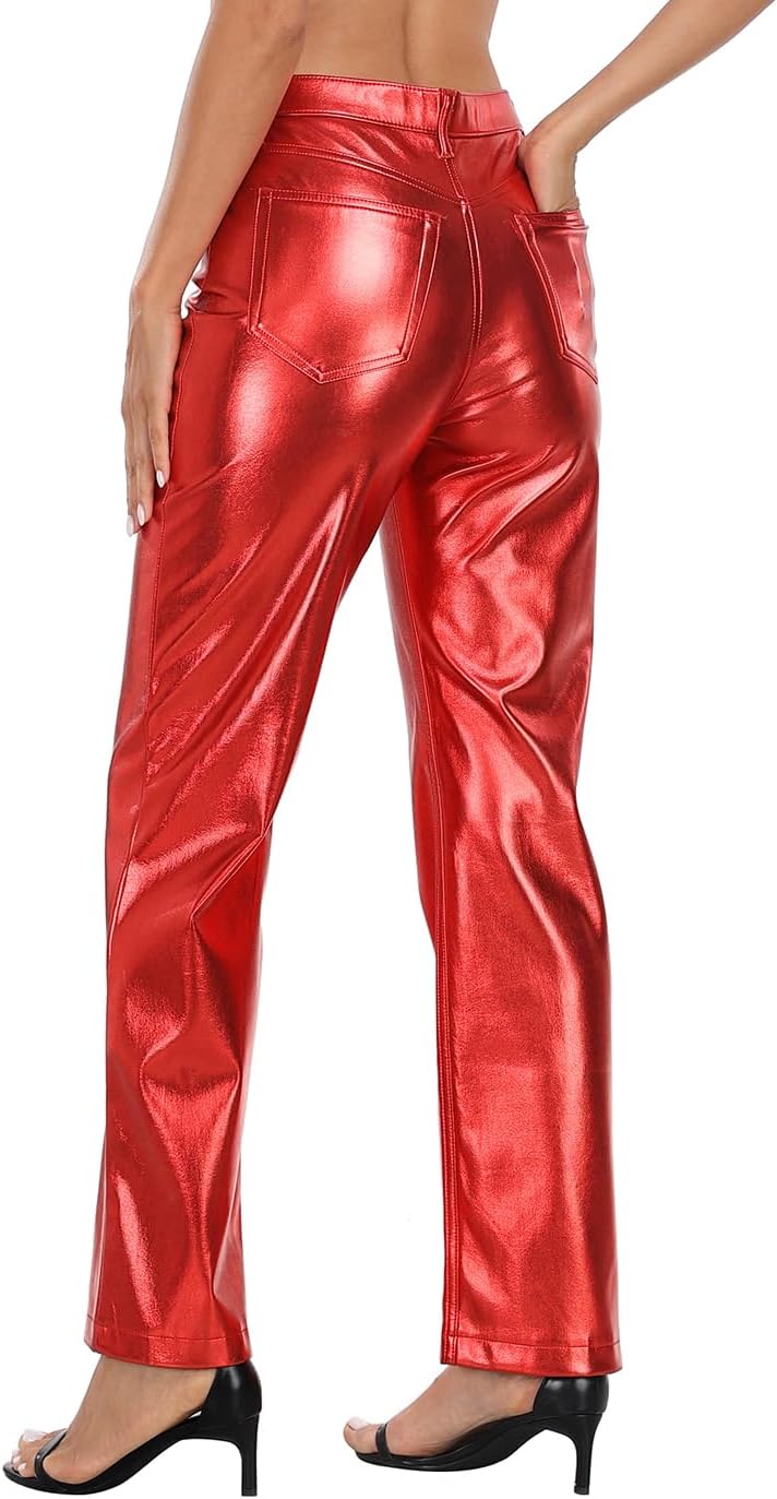 HDE Women's Shiny Metallic Faux Leather Pants High Waisted Straight Leg Trousers - Image 5