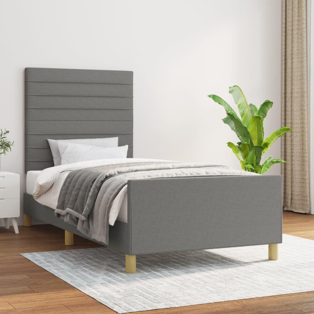 Dunkelgraues Bettgestell 100x200 cm, Stoffbezug, höhenverstellbares Kopfteil, Robustes Bed Frame aus Massivholz, modernes Platform Bed für Bedroom Furniture