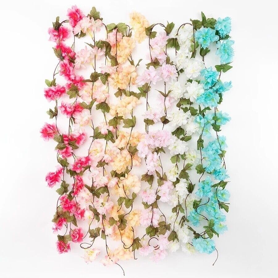 Image of SATYAM KRAFT 2 Lines Artificial Cherry Blossom Rattan Flowers Vine | Hanging Garland for Wedding Decoration Items, Home Decor, Garden, Office, Wall, Mandir & Festival Setup (Dark Pink)